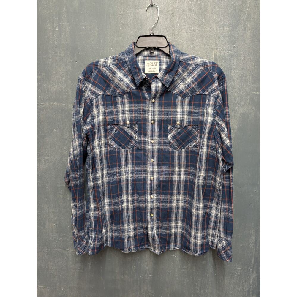 Ariat Blue Plaid Button Down Western Shirt XXL Pearl Snap Retro Fit